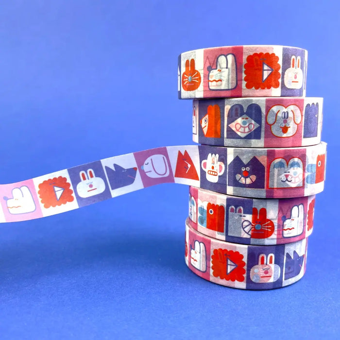 YUK-FUN-Okay-Washi-Tape-15mmx10m-Produktansicht-5Tapes-auf-blauen-Untergrund