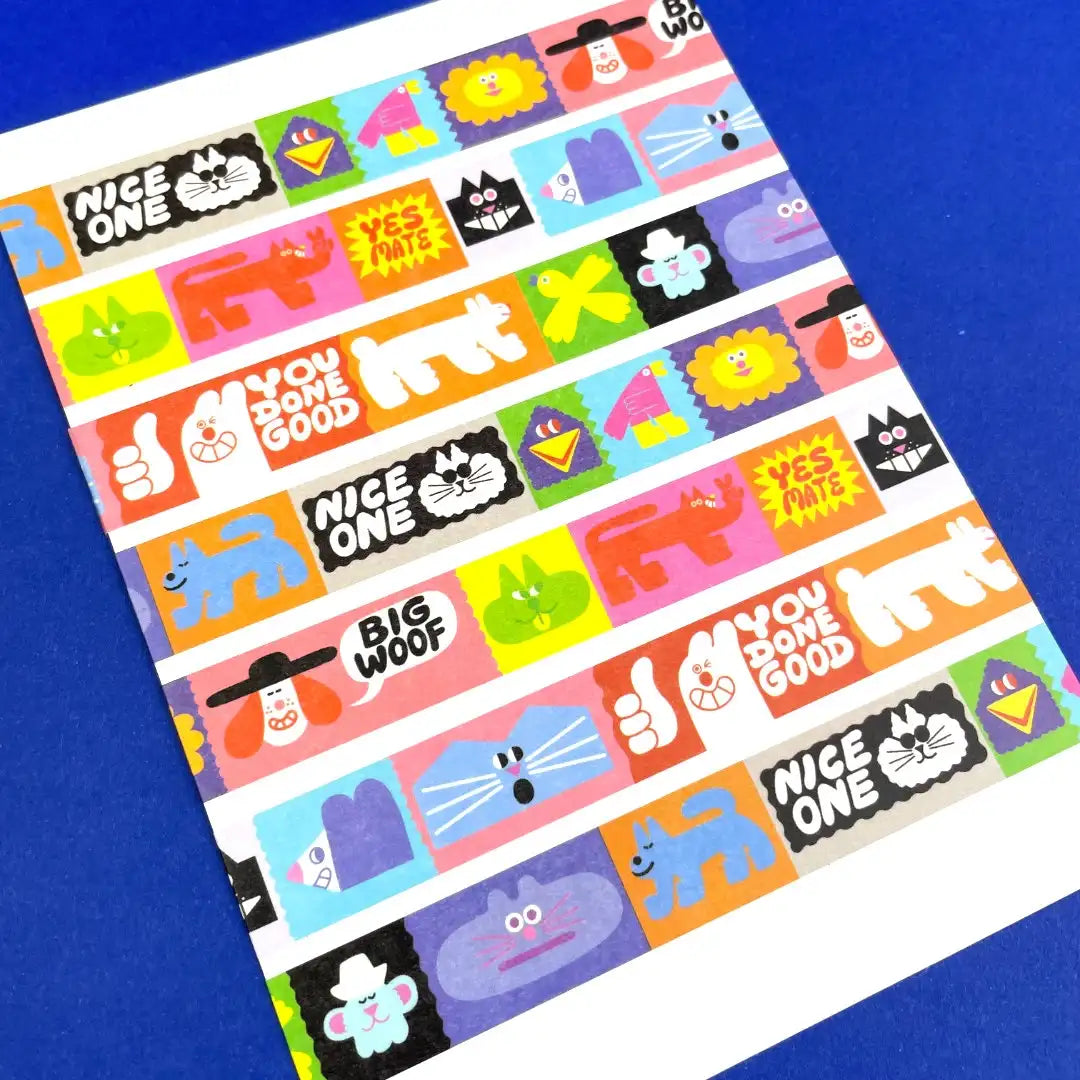 YUK-FUN-good-Washi-Tape-15mmx10m-Produktansicht-17-Motive-auf-ein-PApier-geklebt