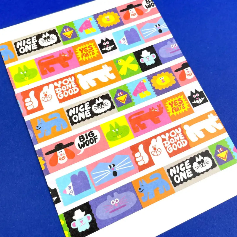 YUK-FUN-good-Washi-Tape-15mmx10m-Produktansicht-17-Motive-auf-ein-PApier-geklebt