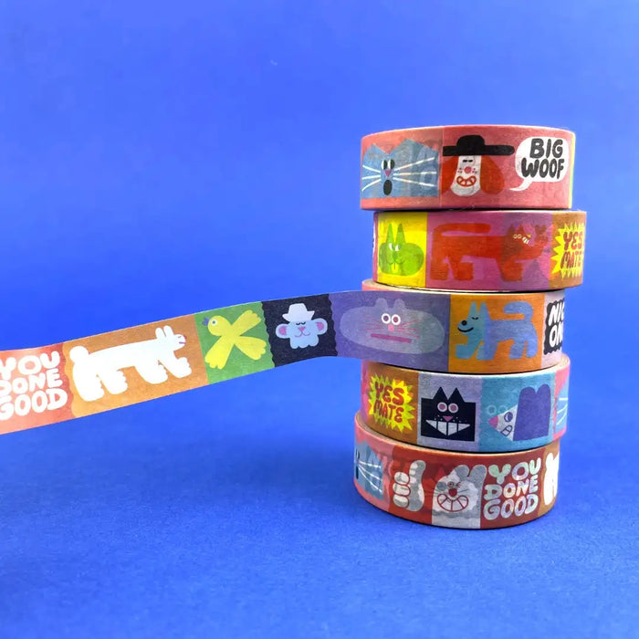 YUK-FUN-good-Washi-Tape-15mmx10m-Produktansicht-5Tapes-auf-blauen-Untergrund