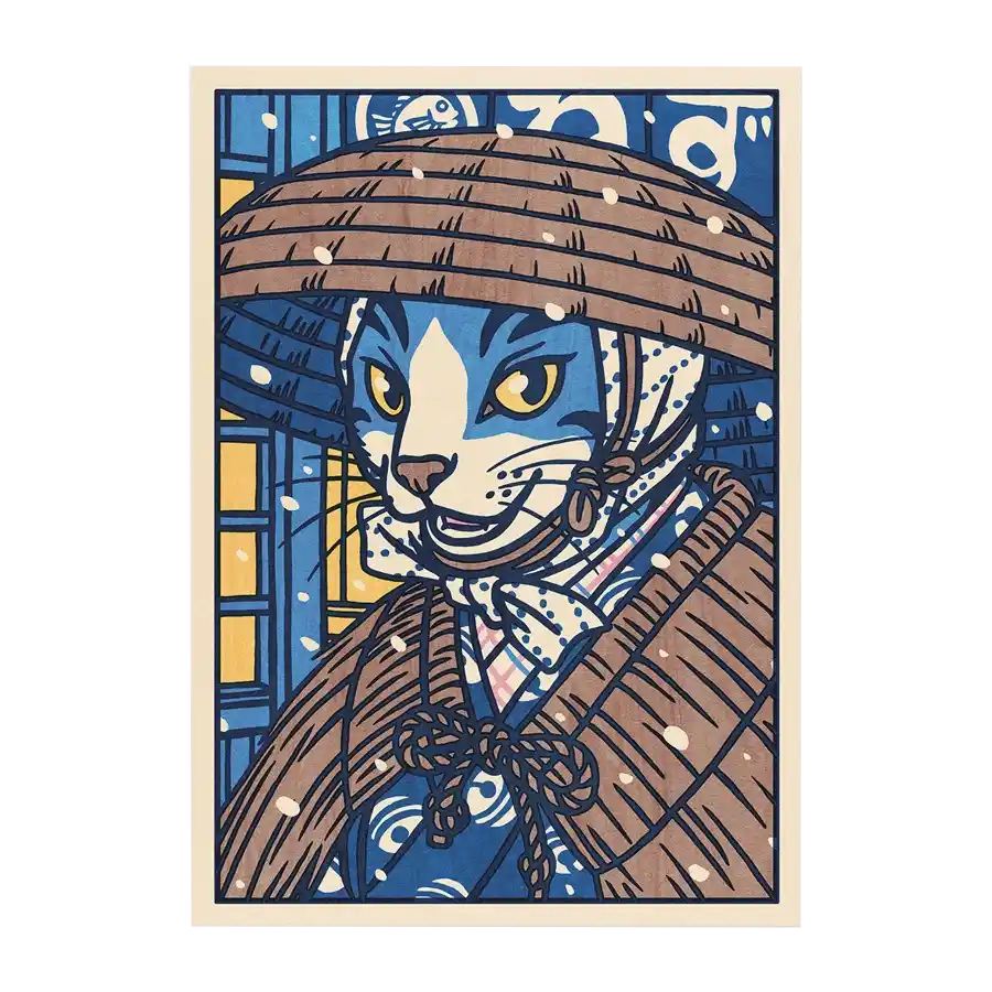 Postkarte / Katze verlässt ein Restaurant im Schnee / A6-Format