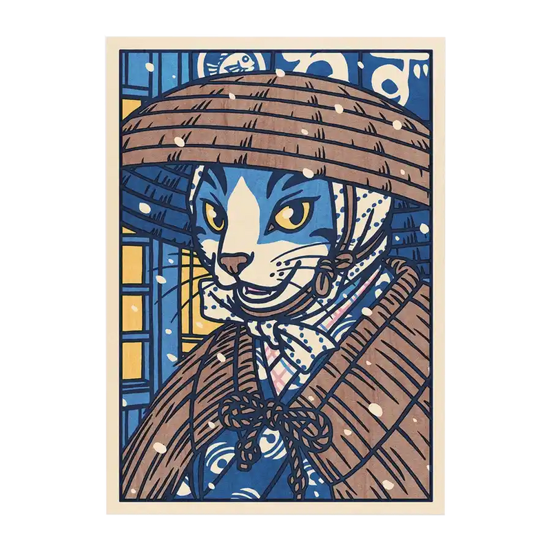 Postkarte / Katze verlässt ein Restaurant im Schnee / A6-Format