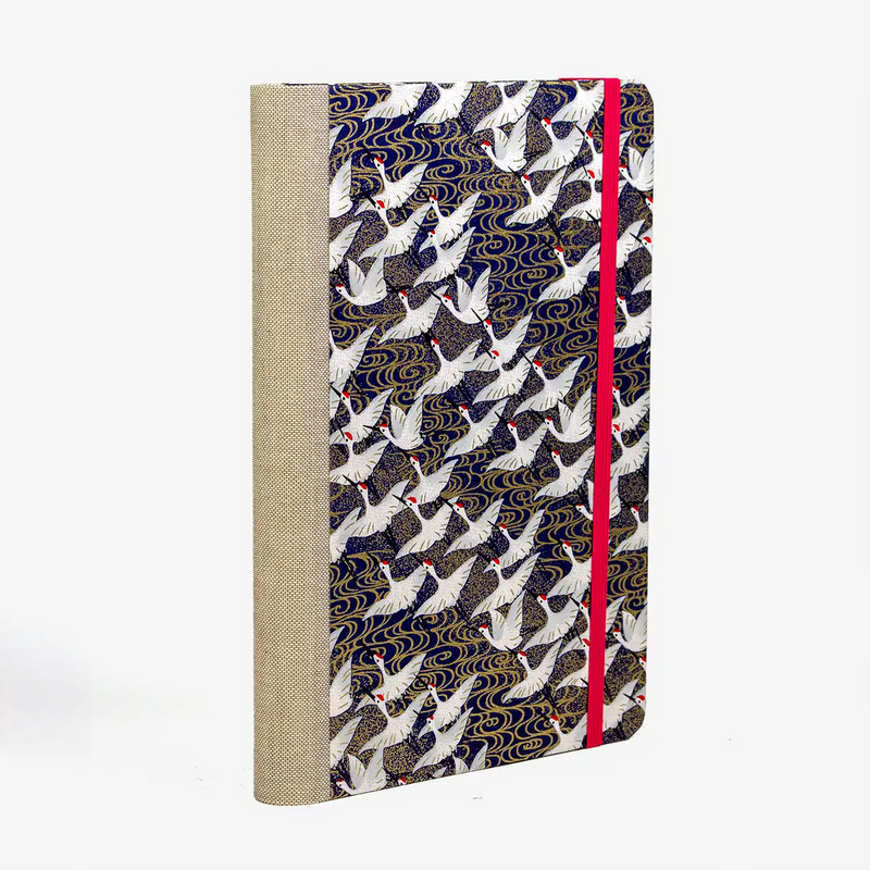 Skizzenbuch Blanko / 288 Seiten / handgemacht / Chiyogami / Kraniche weiß auf blau
