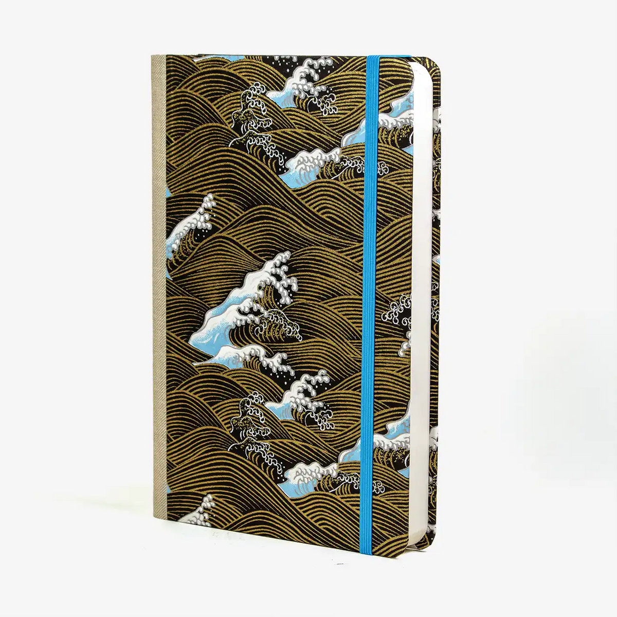 blaupause-skizzenbuch.-blanko-format-a5-288-seiten-recy-papier-mit-chiyogami-papier-bezogen-welle-gold-auf-schwarz-cover-seitlich-vorn