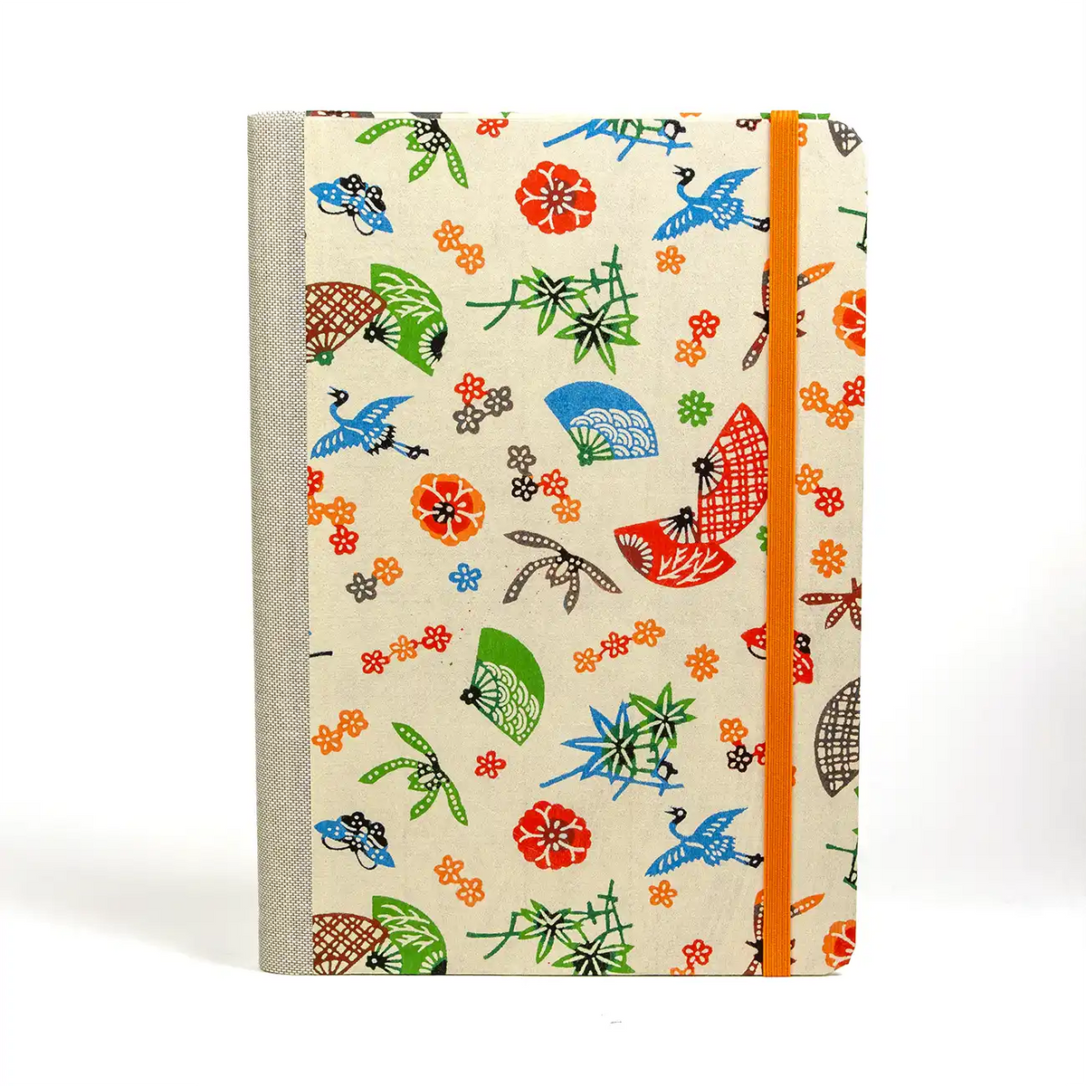 blaupause-skizzenbuch.-blanko-format-a5-288-seiten-recy-papier-mit-katazomeShi-papier-bezogen-Kraniche-Blumen-Zweige-Faecher-cover-vorn