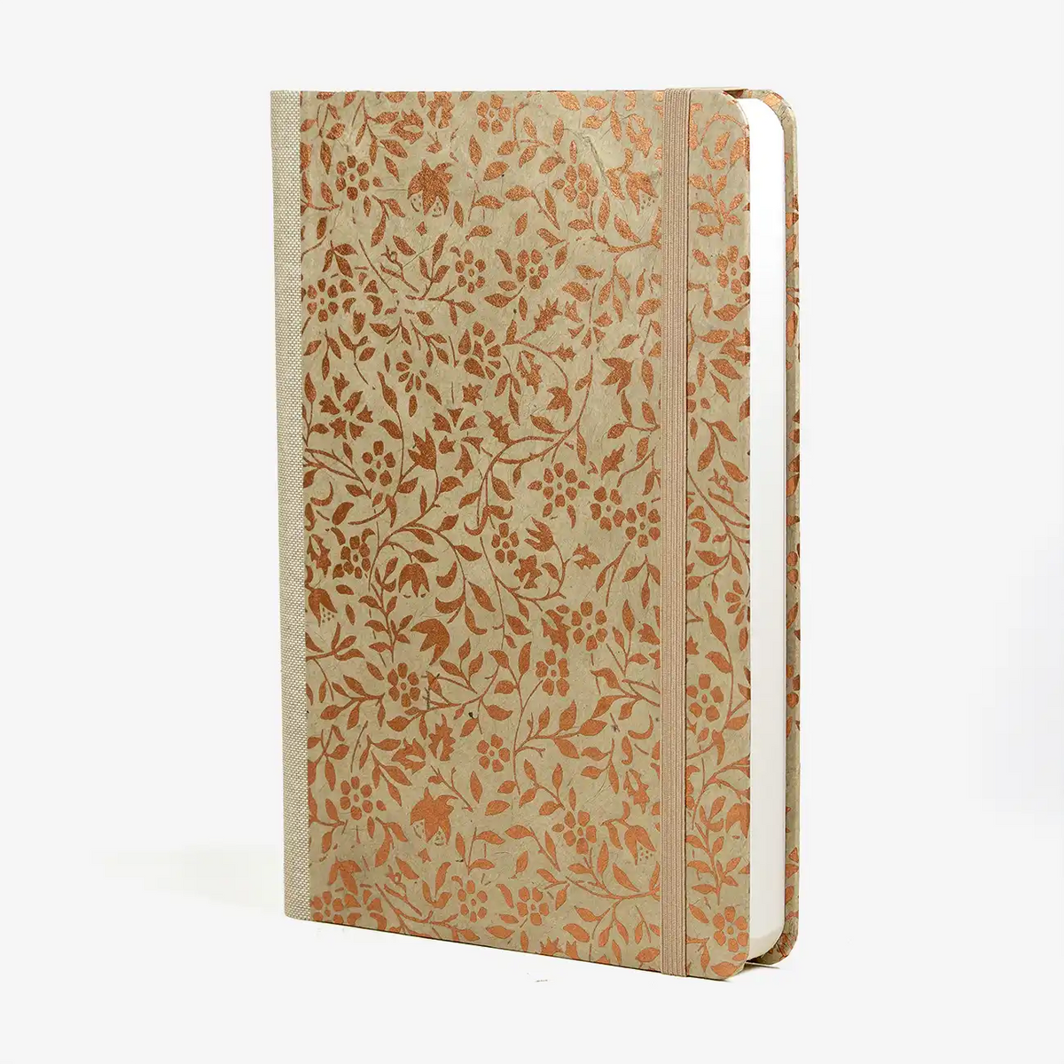 blaupause-skizzenbuch.-blanko-format-a5-288-seiten-recy-papier-mit-lokta-papier-bezogen-Bluetenranken-lichtgrau-kupfer-cover-seitlich-vorn