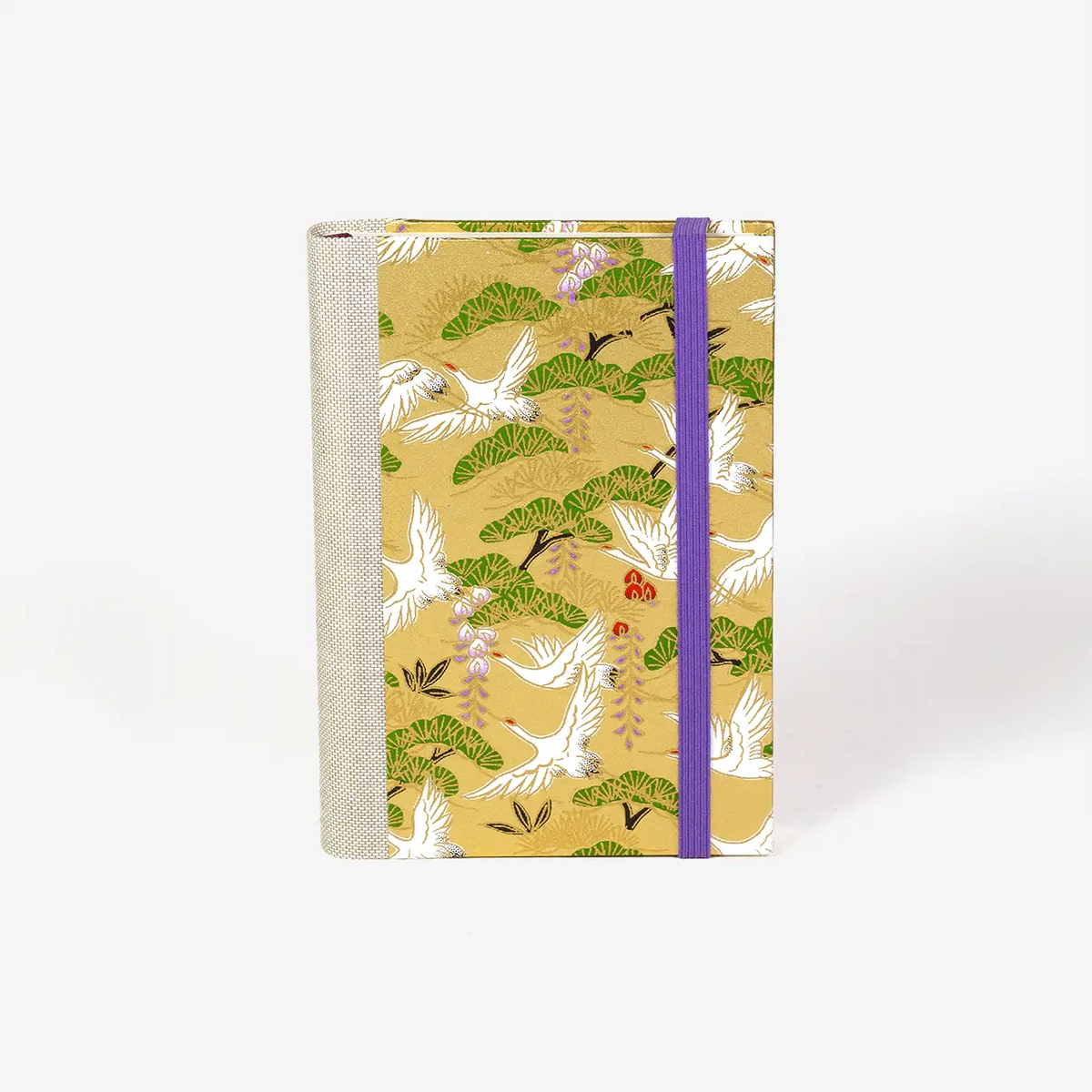 Blaupause-tagesplaner-Format-9x13cm-bezogen-mit-Chiyogami-kraniche-weiss-auf-gold-produktansicht-cover-seitlich-vorn