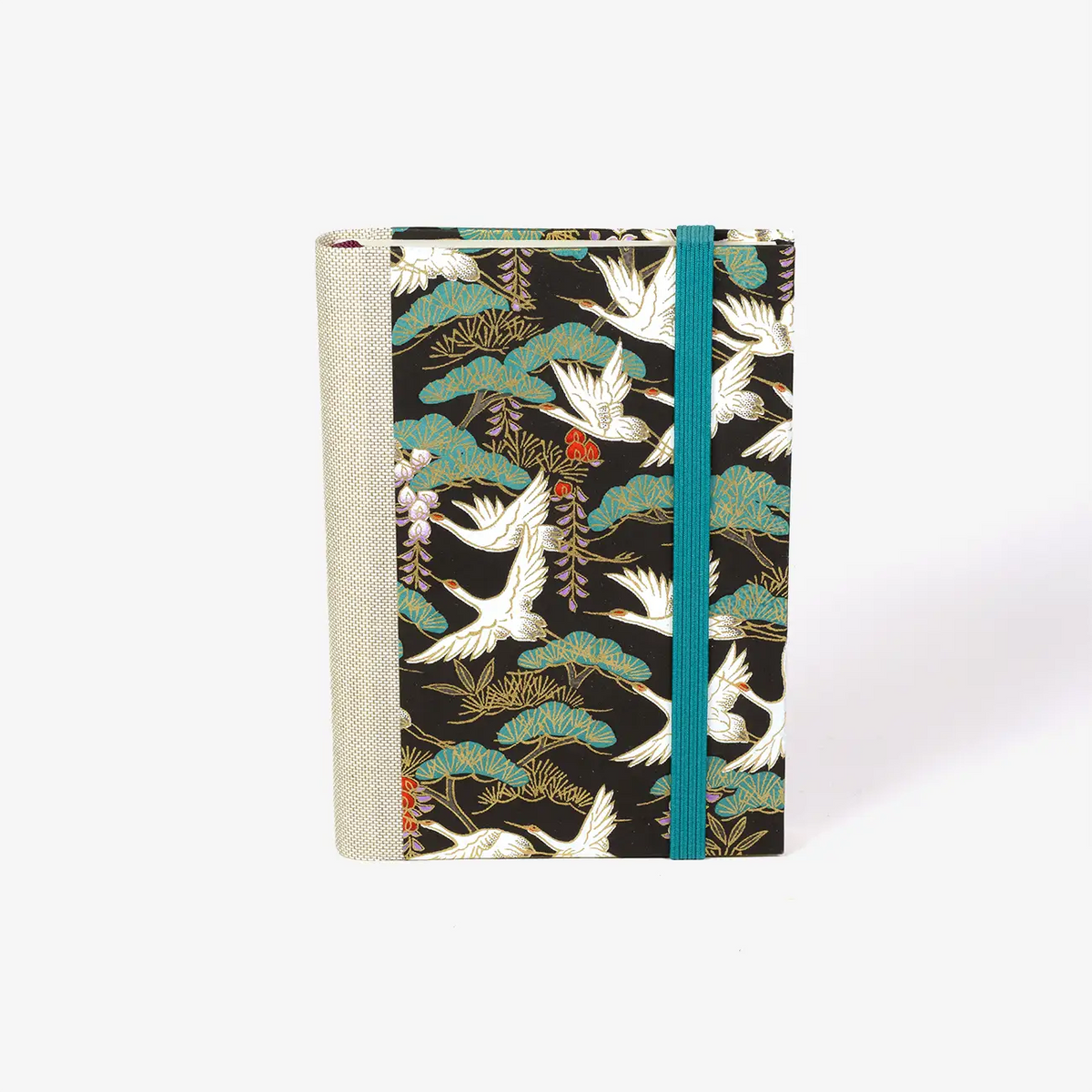 blaupause-tagesplaner-Format-9x13cm-bezogen-mit-Chiyogami-kraniche-weiss-schwarz-produktansicht-cover-vorn