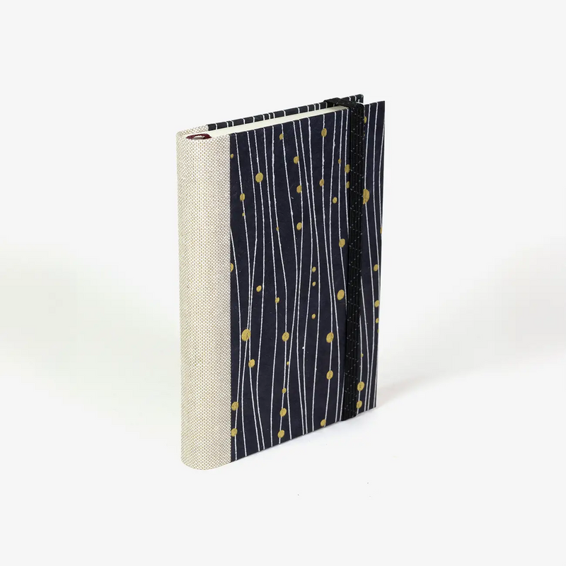 Blaupause-tagesplaner-Format-9x13cm-bezogen-mit-Lokta-Punkte-Linien-silber-gold-auf-drachenblau-produktansicht-cover-seitlich-hinten