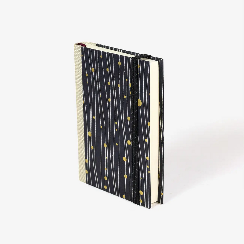 blaupause-tagesplaner-Format-9x13cm-bezogen-mit-Lokta-Punkte-Linien-silber-gold-auf-drachenblau-produktansicht-cover-seitlich-vorn