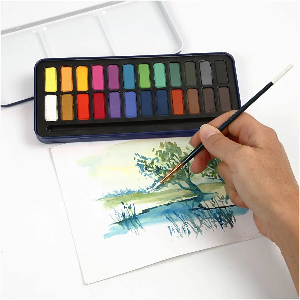 creativ-Company-Aquarell-Set-hochpigmentiert-Metallbox-mit-Pinsel-_-Mischpalette-24Farben-Geoeffnet-Produktansicht-Beispielbild