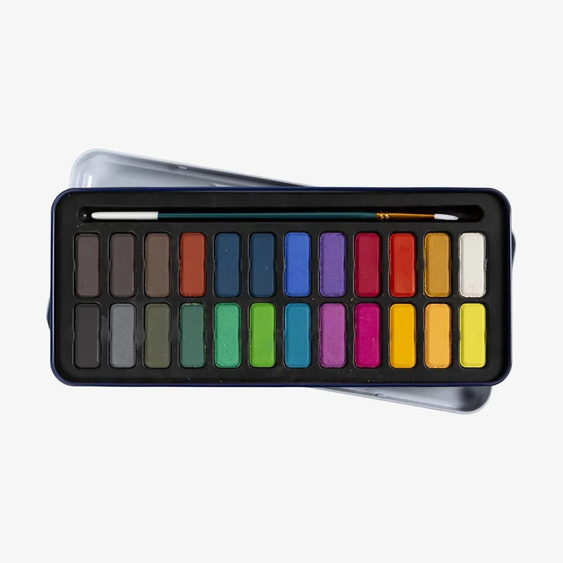 creativ-Company-Aquarell-Set-hochpigmentiert-Metallbox-mit-Pinsel-_-Mischpalette-24Farben-Geoeffnet-Produktansicht