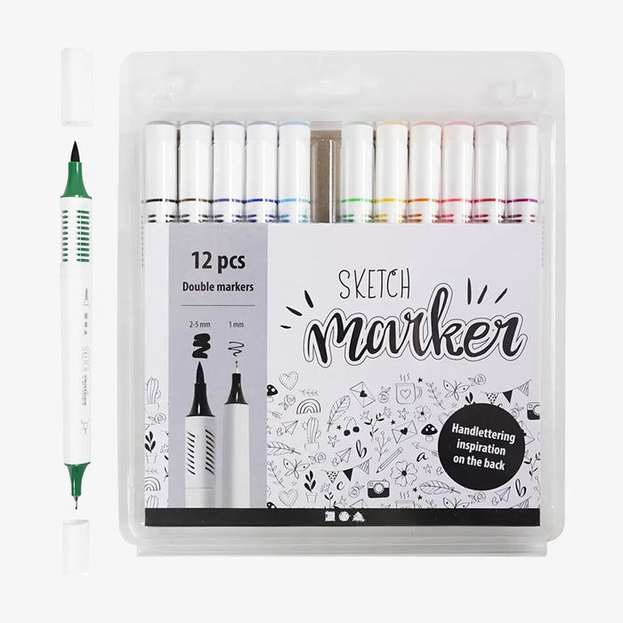 creativ-Company-Sketch-Marker-12Stueck-2Spitzen-Standartfarben-1mm-und-2-5mm-Filzstifte-Stift-und-Verpackung