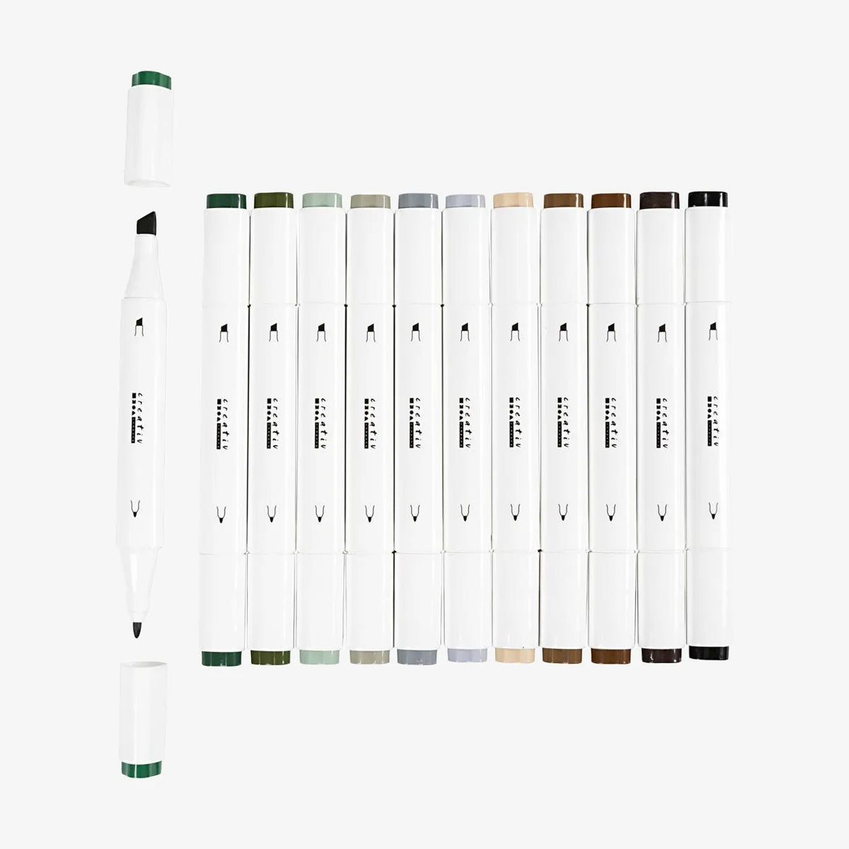 creativ-Company-Twin-Marker-Alkoholmarker-NAturfarben-Doppelspitze-12er-Set-Stifte-ein-Stift-geoeffnet-Produktansicht