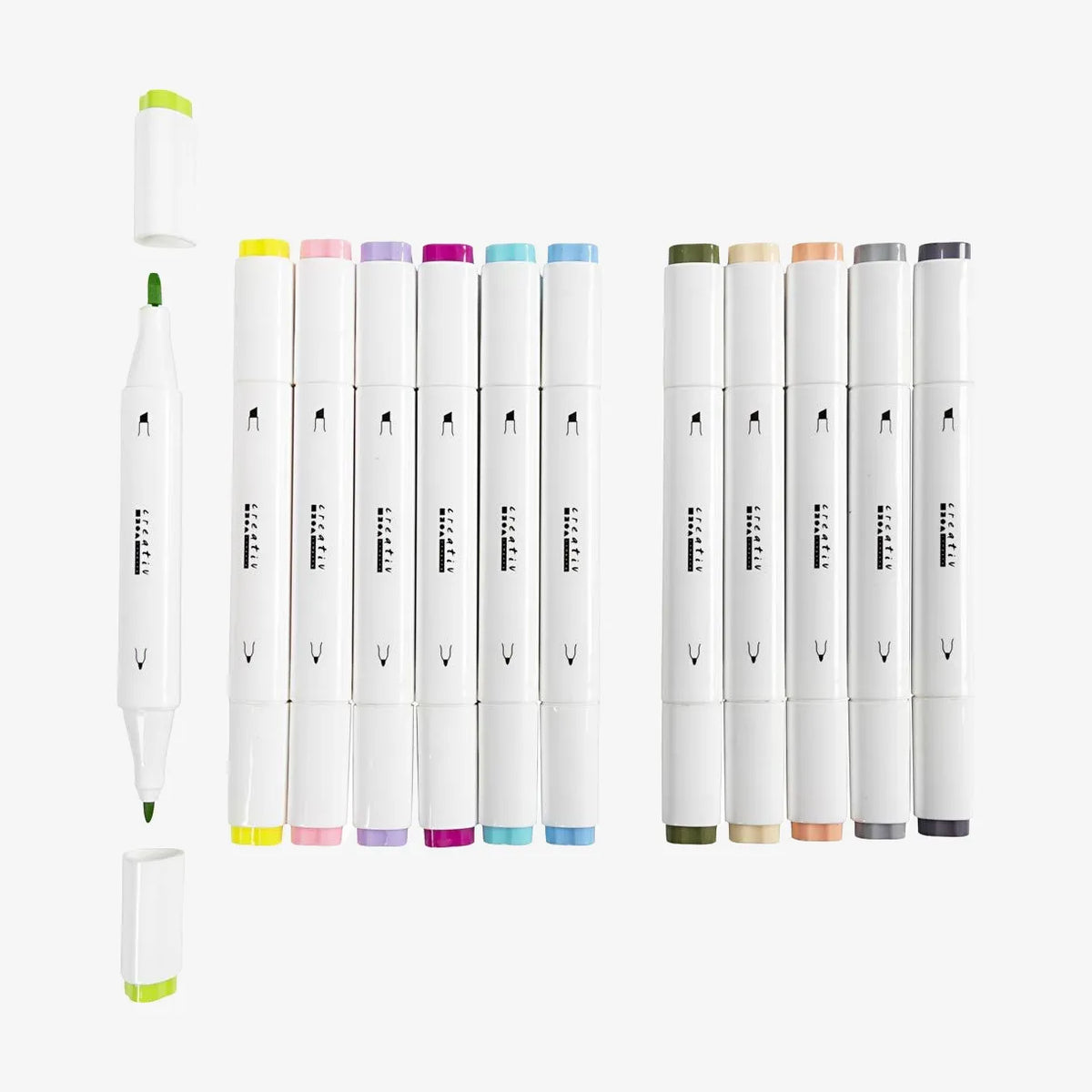 creativ-Company-Twin-Marker-Alkoholmarker-Pastell-Doppelspitze-12er-Set-Stifte-ein-Stift-geoeffnet-Produktansicht