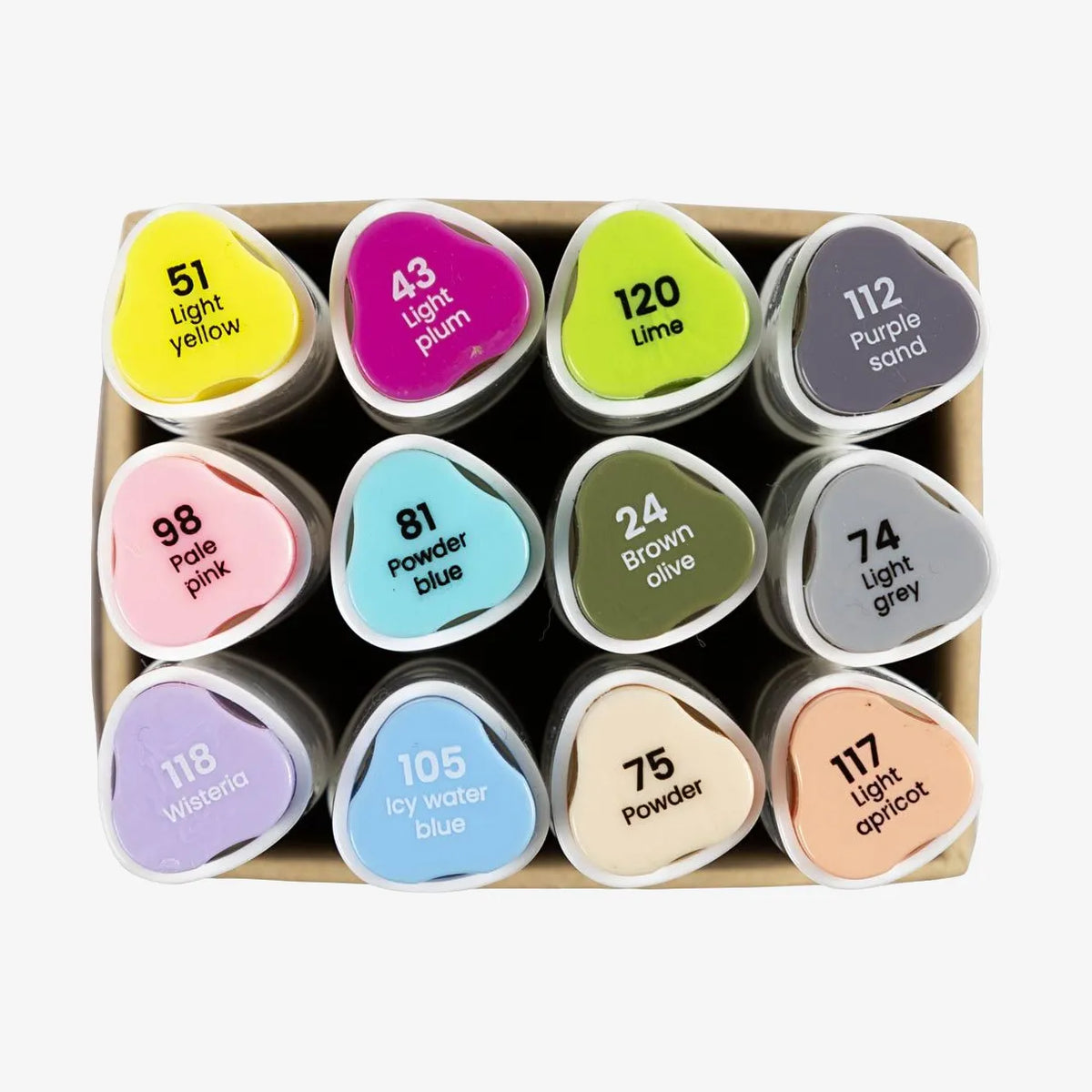 creativ-Company-Twin-Marker-Alkoholmarker-Pastell-Doppelspitze-12er-Set-StifteProduktansicht-inVerpackung-Kappen-von-oben