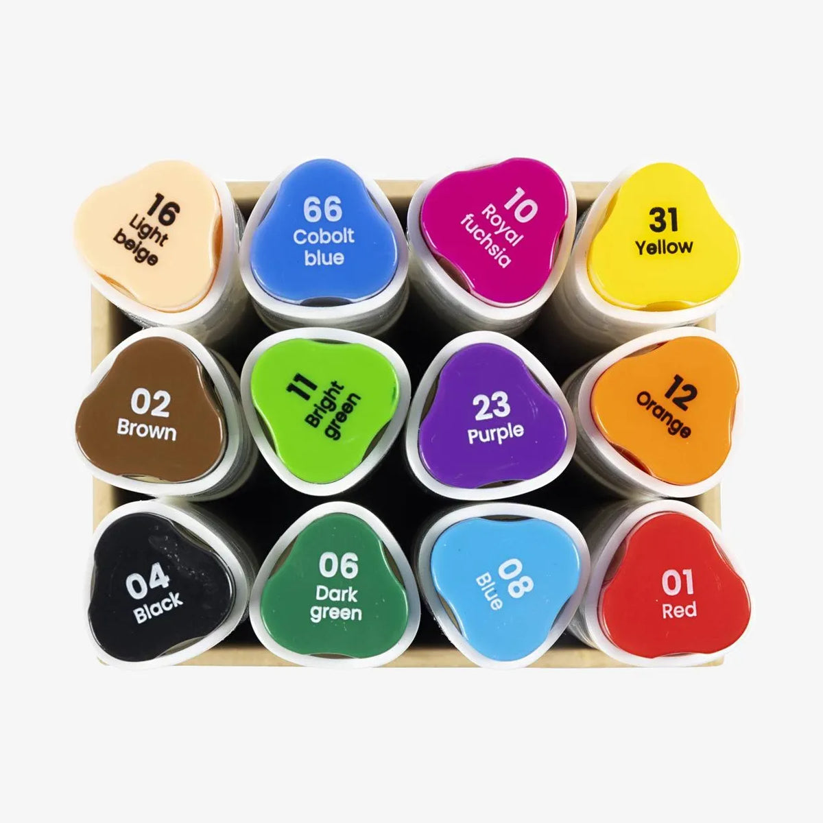 creativ-Company-Twin-Marker-Alkoholmarker-Standartfarben-Doppelspitze-12er-Set-StifteProduktansicht-inVerpackung-Kappen-von-oben