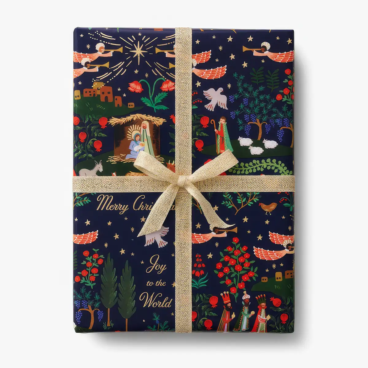 geschenkpapier-holiday-rifle-paper-xmas-format-50x70cm-Beispielansicht-als-Geschenk-mit-Ribbon