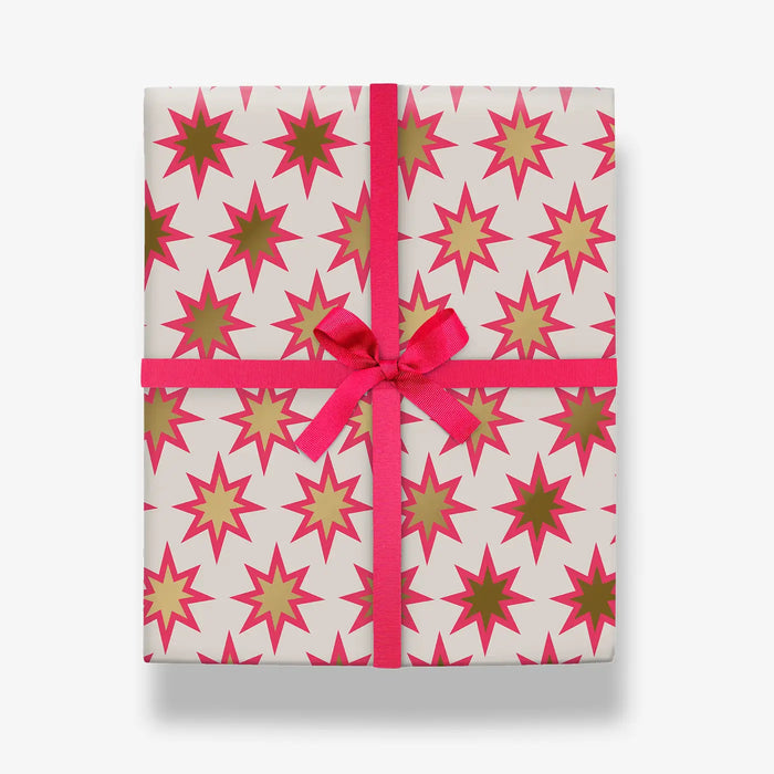 geschenkpapier-kelly-hyatt-star-graphic-foiled-roll-wrap-rolle-3m-Bogenansicht-als-Geschek-verpackung-mit-Ribbon