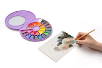 himi-metallic-jelly-gouache-set-18-farben-30g-yellow-case-Verpackung-geoeffnet-mit-mischpallette-Beispielbild-2