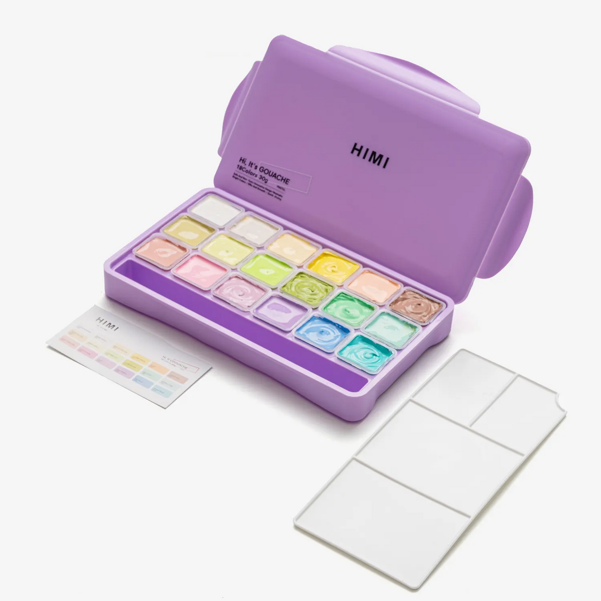 himi-pastel-jelly-gouache-set-18-farben-30g-purple-case-Verpackung-geoeffnet-mit-Inhalt-Farbkarte-und-Mischpallette