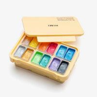 himi-twin-cup-metallic-jelly-gouache-set-12-farben-12ml-yellow-case-Verpackung-und-Inhalt-geoeffnet-2