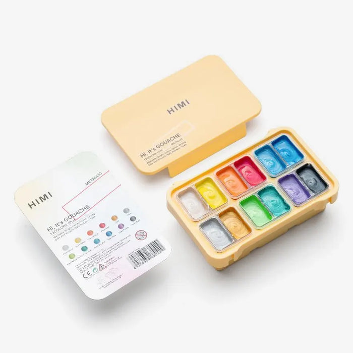 himi-twin-cup-metallic-jelly-gouache-set-12-farben-12ml-yellow-case-Verpackung-und-Inhalt-geoeffnet