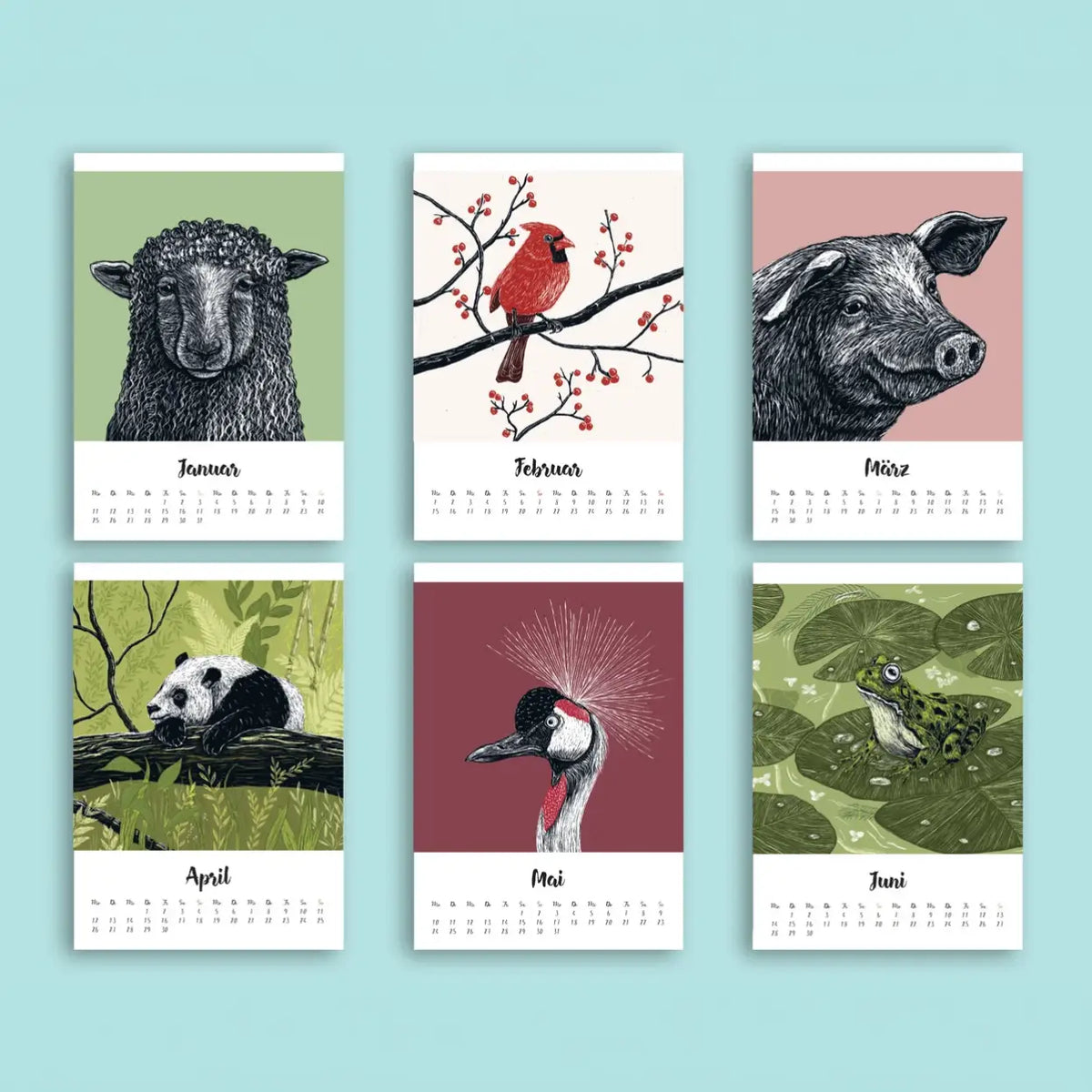 jahreskalender-wandkalender-katja-rub-2027-format-a5-motiv-tiere-Monatsblaetter-Ansicht-Januar-Juni--6Monate-Uebersicht