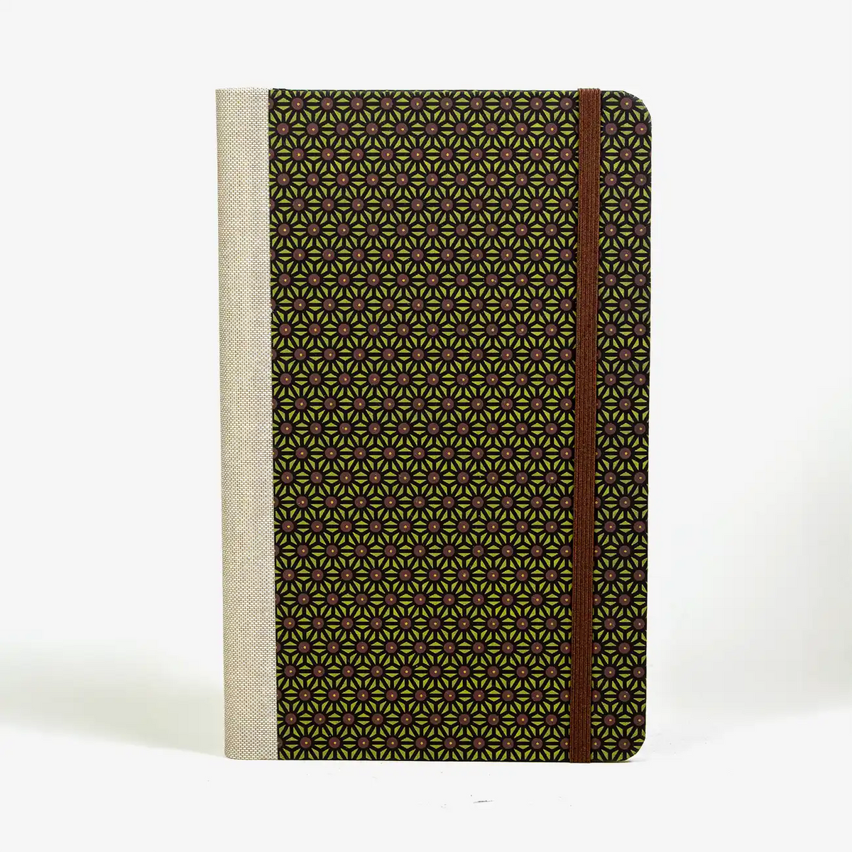 dottedFormat-A5small-bezogen-mit-Chiyogami-Ashanoa-olive-braun-auf-schwarz-cover-vorn