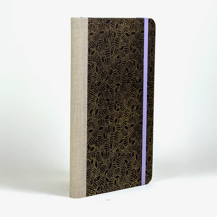 dotted-Notizbuch-Format-A5small-bezogen-mit-Chiyogami-drums-gold-dotted-auf-schwarz-cover-seitlich-hinten