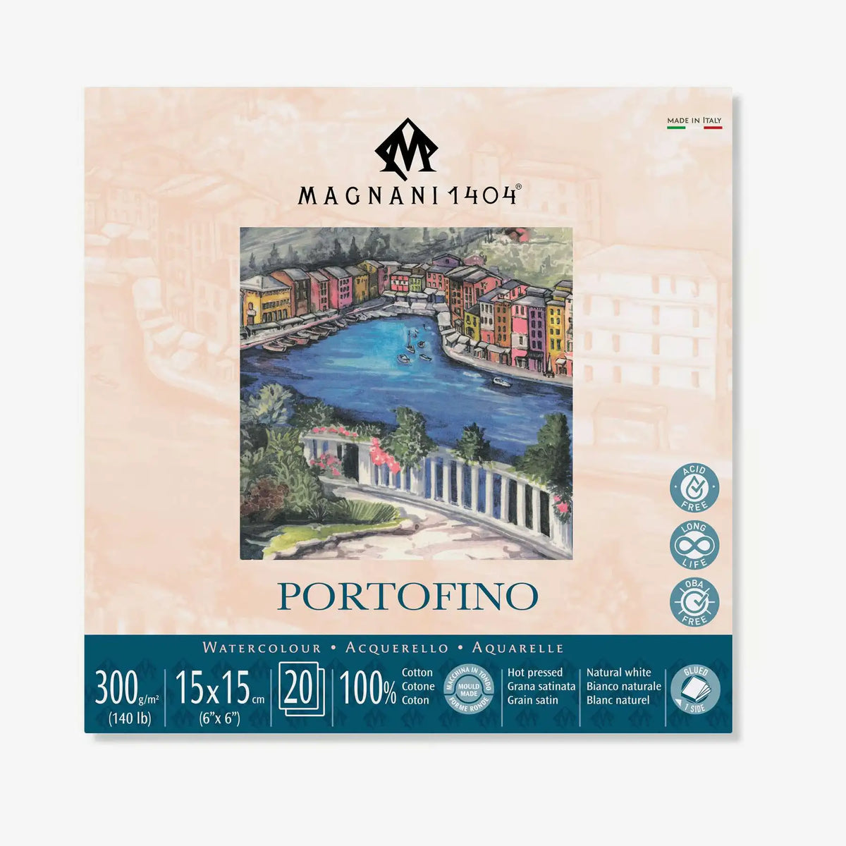 MAGNANI 1404 PORTOFINO - Aquarellpapier Block | Satiniert - 300 g/m2 | 100% Cotton | Format: 15x15 cm | 20 Blatt