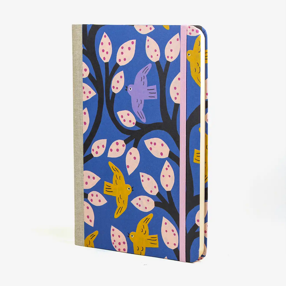 notizbuch-liniert-format-a5-144-seiten-bezogen-mit-Offset-voegel-blau-cover-seitlich-vorn