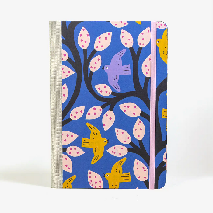 Notizbuch-liniert-format-a5-144-seiten-bezogen-mit-Offset-voegel-blau-cover-vorn