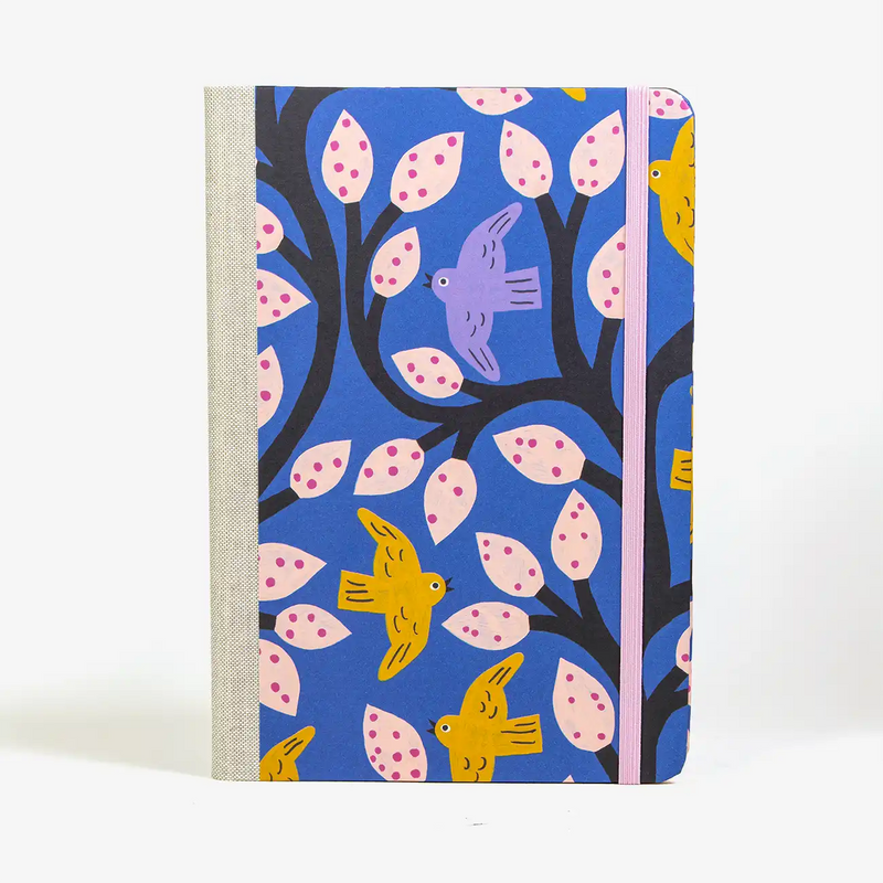 Notizbuch-liniert-format-a5-144-seiten-bezogen-mit-Offset-voegel-blau-cover-vorn