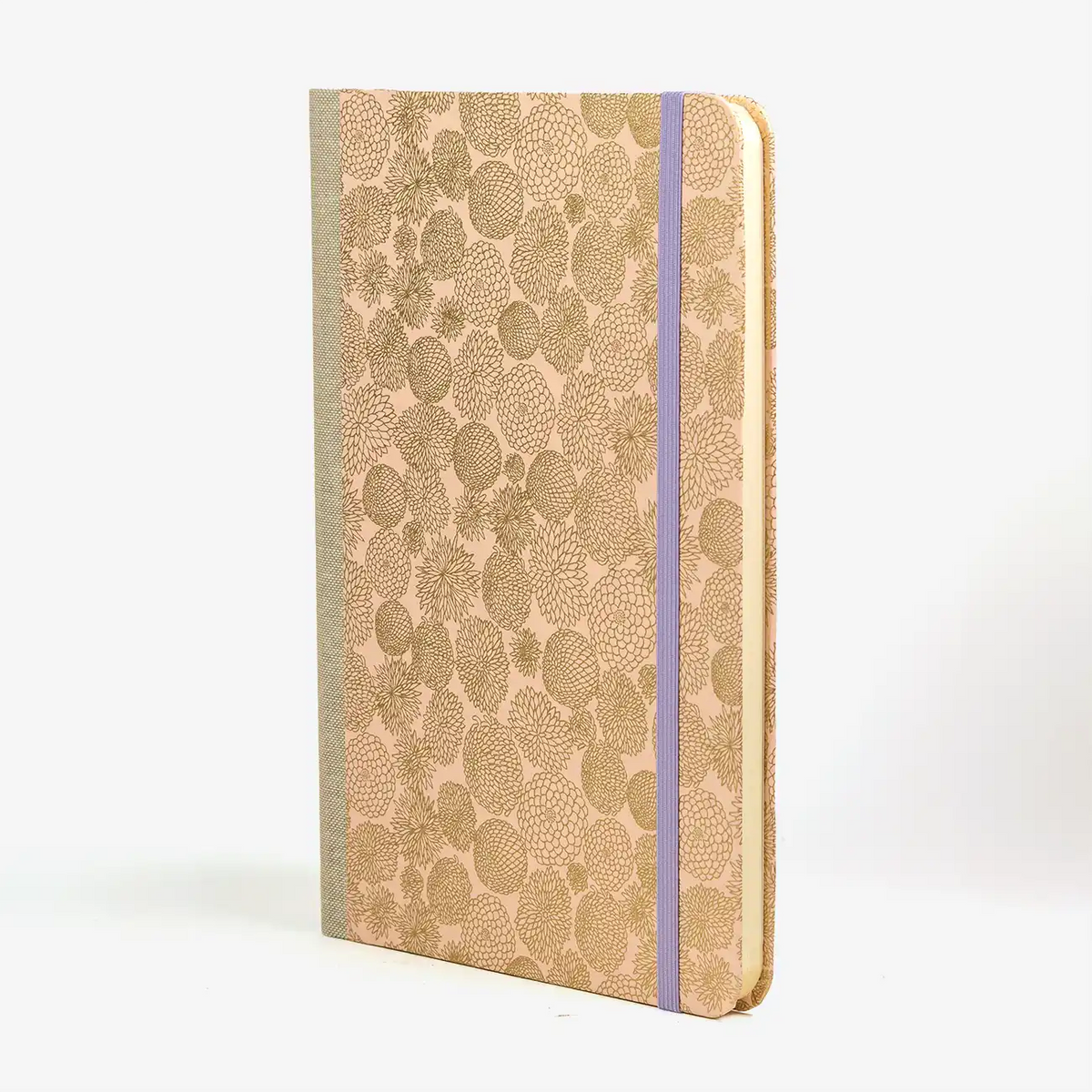 Notizbuch-liniert-format-a5-144-seiten-bezogen-mit-chiyogami-Chrysathemen-gold-auf-Pink-cover-seitlich-vorn