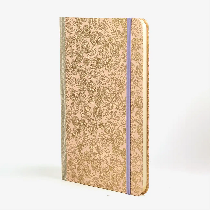 Notizbuch-liniert-format-a5-144-seiten-bezogen-mit-chiyogami-Chrysathemen-gold-auf-Pink-cover-seitlich-vorn