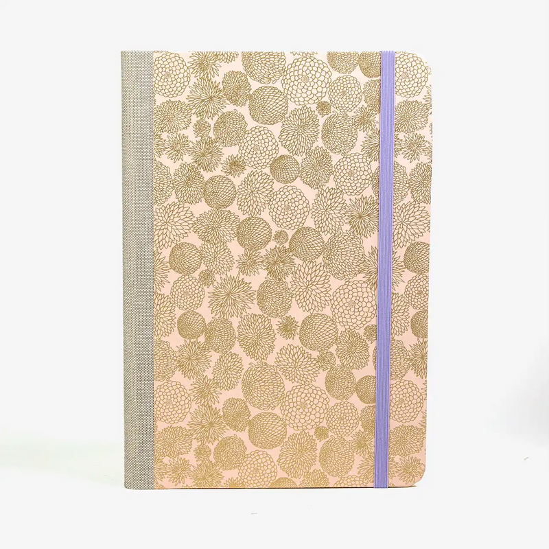 notizbuch-liniert-format-a5-144-seiten-bezogen-mit-chiyogami-Chrysathemen-gold-auf-Pink-cover-vorn