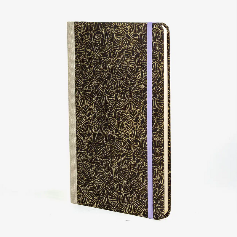 notizbuch-liniert-format-a5-144-seiten-bezogen-mit-chiyogami-drums-gold-auf-achwarz-cover-seitlich-vorn