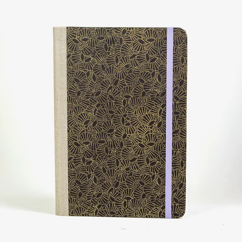 Notizbuch-liniert-format-a5-144-seiten-bezogen-mit-chiyogami-drums-gold-auf-achwarz-cover-vorn