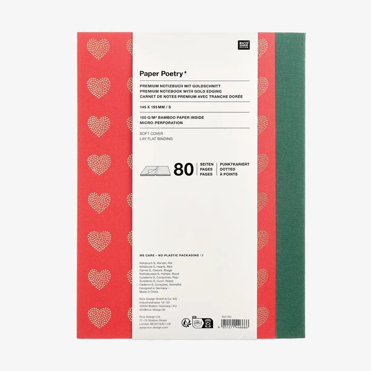 Notizbuch | dotted | Grösse (S) 14,5x19,5cm  | Herzen Rot | Goldschnitt