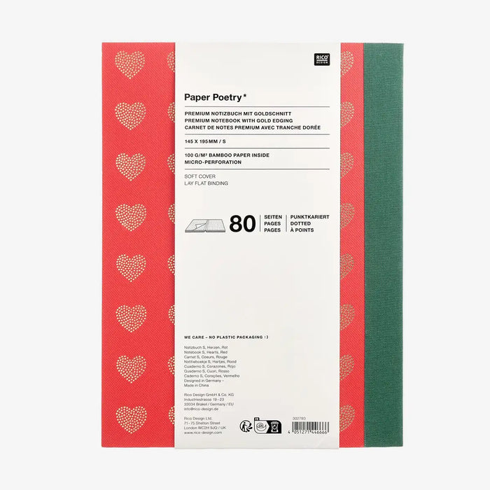 Notizbuch | dotted | Grösse (S) 14,5x19,5cm  | Herzen Rot | Goldschnitt