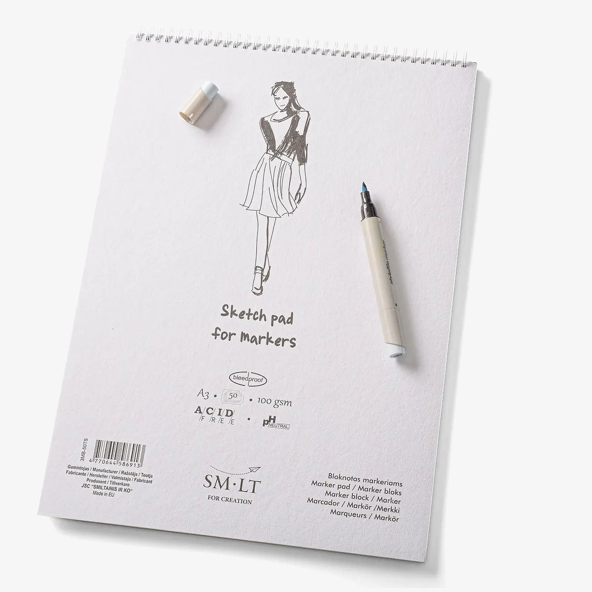 Smltart_authentic_marker_block-A3-100grm-Spiralgebunden-50Blatt-Produktansicht-cover-vorn-mit-Stift