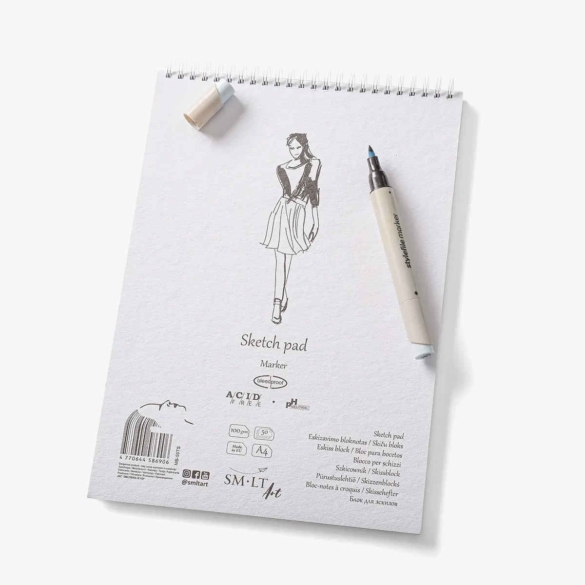 smltart_authentic_marker_block-A4-100grm-Spiralgebunden-50Blatt-Produktansicht-cover-vorn-mit-Stift