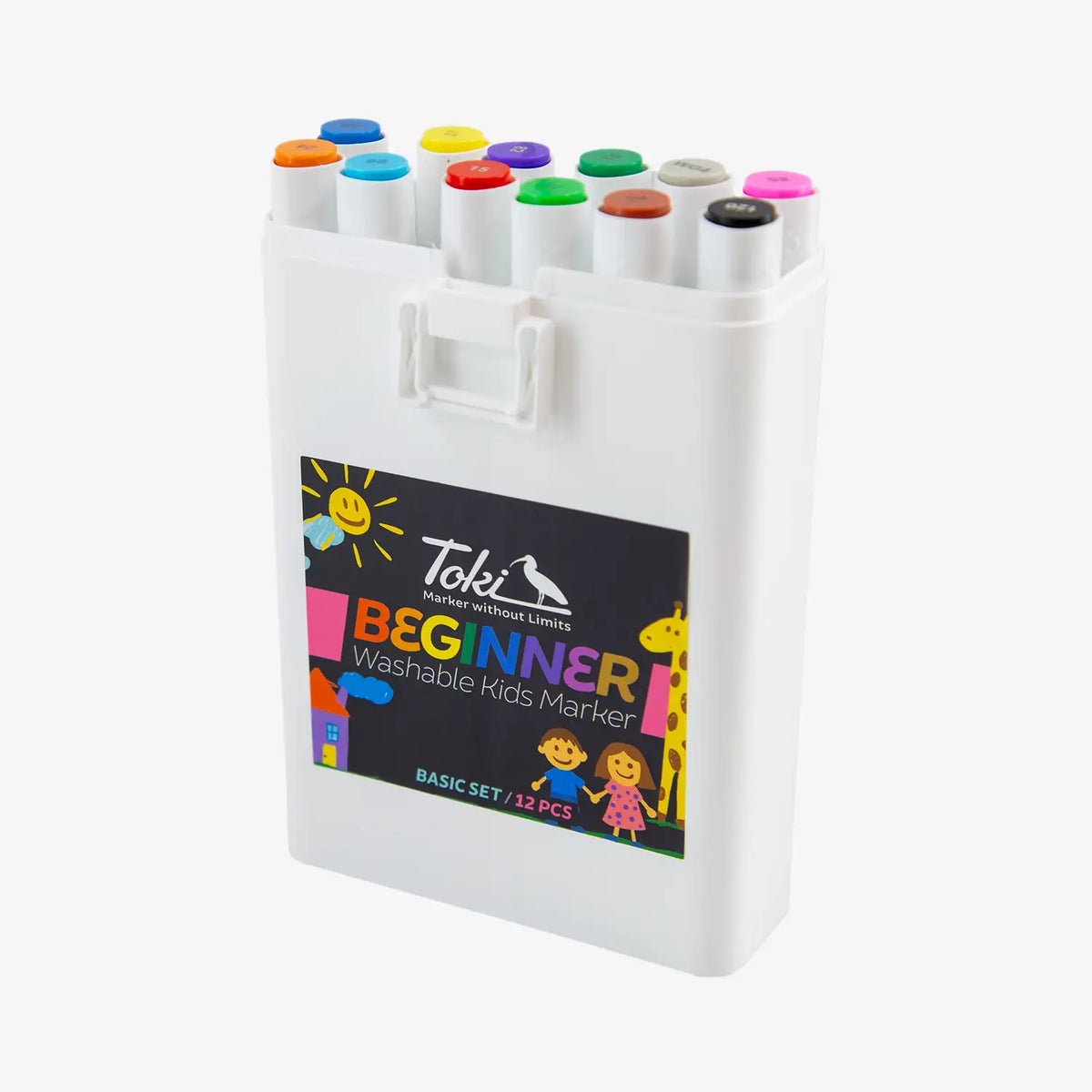 toki-beginner-kids-marker-12-teiliges-set-basic-Verpackung-Vorderansicht-seitlich-geoeffnet