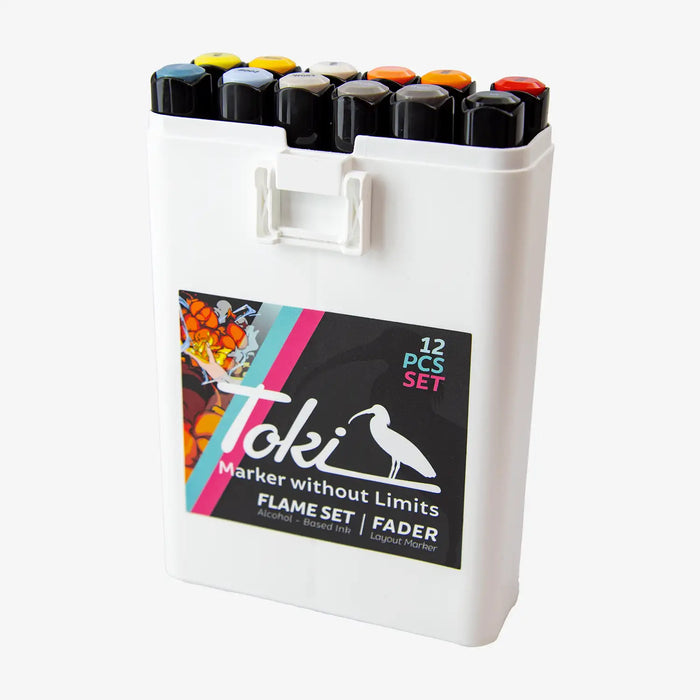 toki-fader-marker-12er-flame-set-Verpackung-und-Inhalt