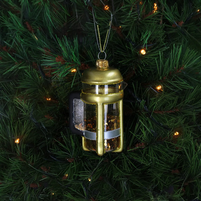 weihnachtsbaumkugel-ornament-glas-french-press-goldglitzer-11-2cm-Produktsansicht-Beispielbild-am-BAum