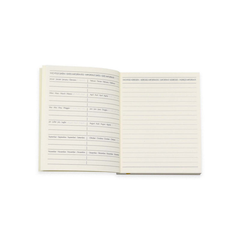 3 Jahresplaner, vergleichendes Tagebuch, Schwarze Blume auf Grün,  Lackpapier, Hersteller Blaupause , Innenansicht Jahresübersicht