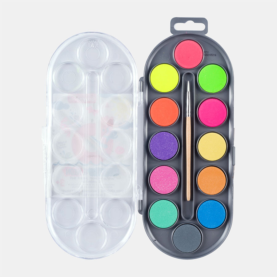 Bruynzeel / Wasserfarbenset für Kinder / 12 Metallic- & Neon-Farben und Pinsel