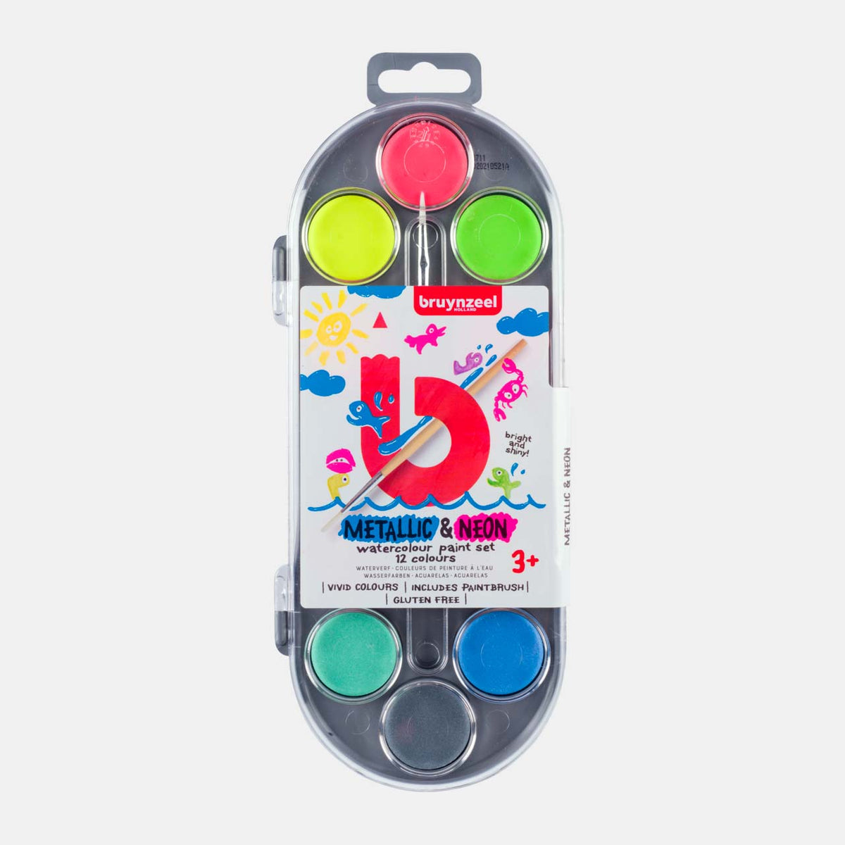 Bruynzeel / Wasserfarbenset für Kinder / 12 Metallic- & Neon-Farben und Pinsel