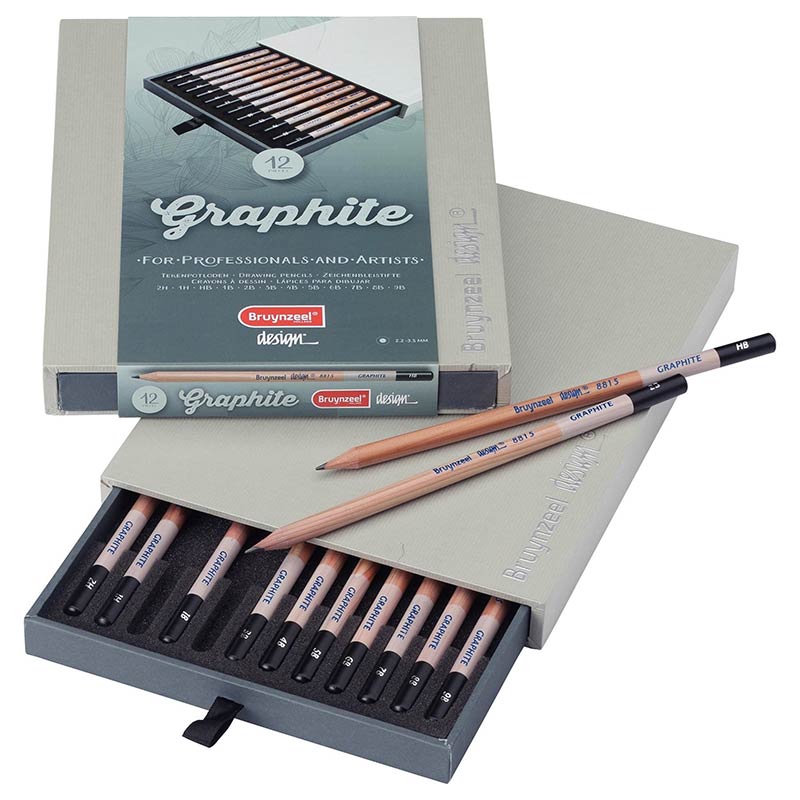 Bruynzeel, Design Graphite, Design Box  Bleistift, Grafit, 12 Stifte, Schachtel geöffnet und geschlossen